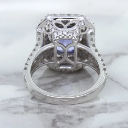 4.33ct Radiant Cut Blue Sapphire Ring with Sapphire and Diamond Halos in 18K White Gold