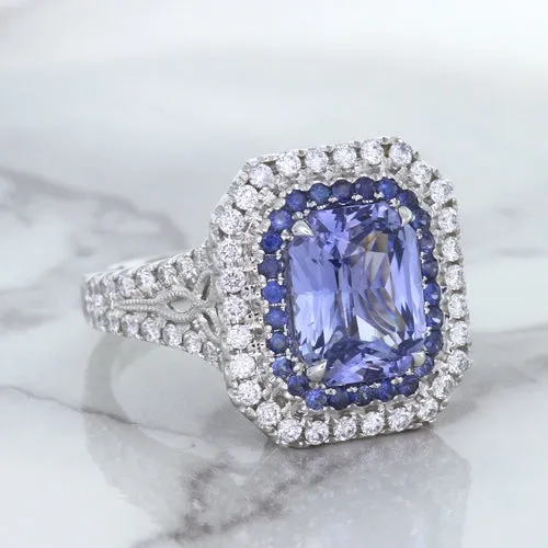 4.33ct Radiant Cut Blue Sapphire Ring with Sapphire and Diamond Halos in 18K White Gold