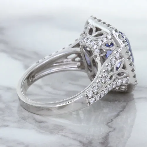 4.33ct Radiant Cut Blue Sapphire Ring with Sapphire and Diamond Halos in 18K White Gold