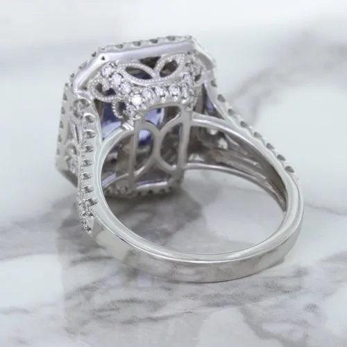 4.33ct Radiant Cut Blue Sapphire Ring with Sapphire and Diamond Halos in 18K White Gold