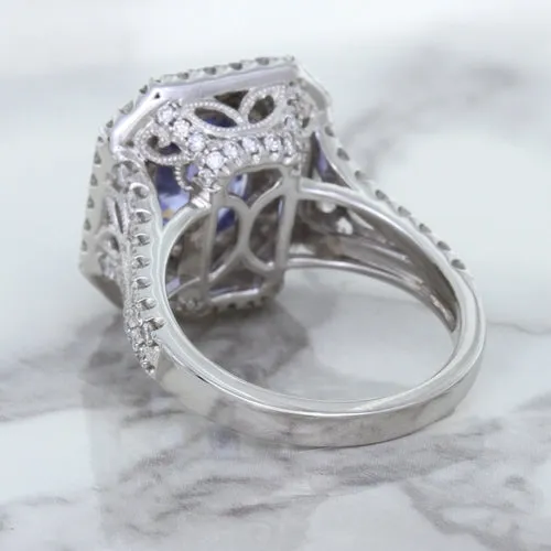4.33ct Radiant Cut Blue Sapphire Ring with Sapphire and Diamond Halos in 18K White Gold