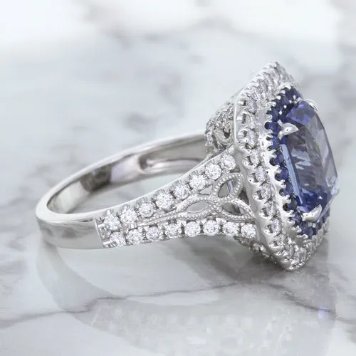 4.33ct Radiant Cut Blue Sapphire Ring with Sapphire and Diamond Halos in 18K White Gold