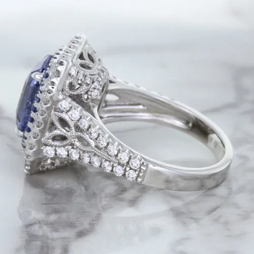 4.33ct Radiant Cut Blue Sapphire Ring with Sapphire and Diamond Halos in 18K White Gold