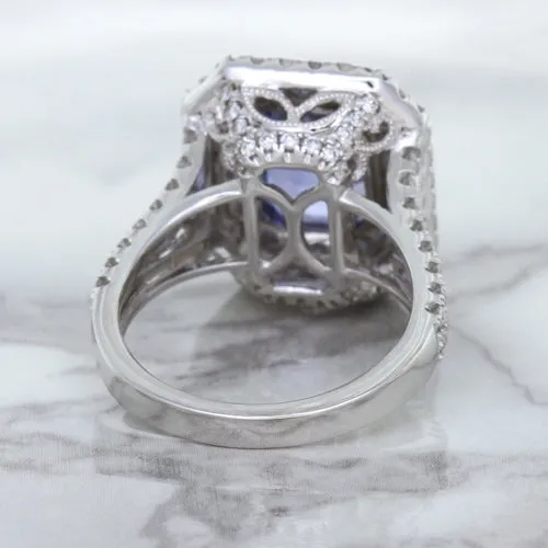 4.33ct Radiant Cut Blue Sapphire Ring with Sapphire and Diamond Halos in 18K White Gold