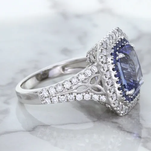 4.33ct Radiant Cut Blue Sapphire Ring with Sapphire and Diamond Halos in 18K White Gold