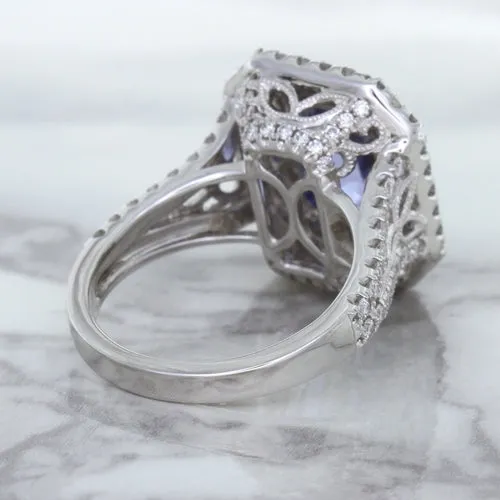 4.33ct Radiant Cut Blue Sapphire Ring with Sapphire and Diamond Halos in 18K White Gold