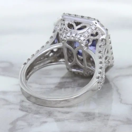 4.33ct Radiant Cut Blue Sapphire Ring with Sapphire and Diamond Halos in 18K White Gold