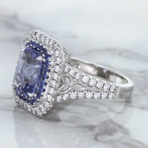 4.33ct Radiant Cut Blue Sapphire Ring with Sapphire and Diamond Halos in 18K White Gold