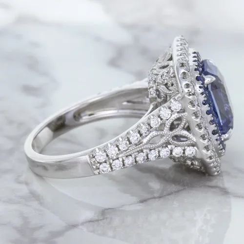 4.33ct Radiant Cut Blue Sapphire Ring with Sapphire and Diamond Halos in 18K White Gold