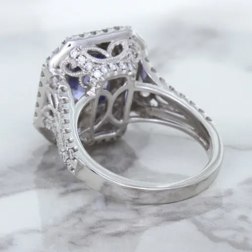 4.33ct Radiant Cut Blue Sapphire Ring with Sapphire and Diamond Halos in 18K White Gold