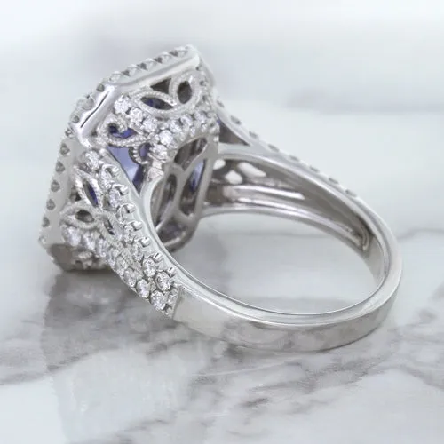 4.33ct Radiant Cut Blue Sapphire Ring with Sapphire and Diamond Halos in 18K White Gold