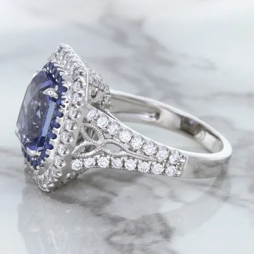 4.33ct Radiant Cut Blue Sapphire Ring with Sapphire and Diamond Halos in 18K White Gold