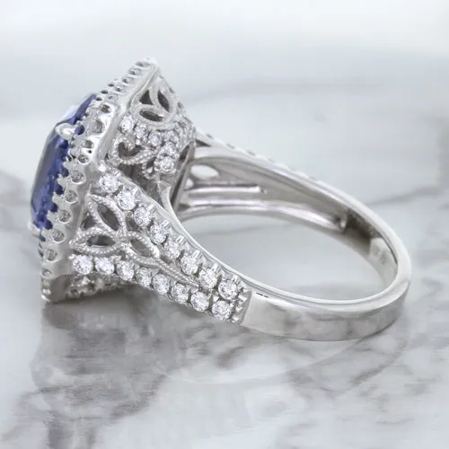 4.33ct Radiant Cut Blue Sapphire Ring with Sapphire and Diamond Halos in 18K White Gold