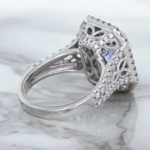 4.33ct Radiant Cut Blue Sapphire Ring with Sapphire and Diamond Halos in 18K White Gold