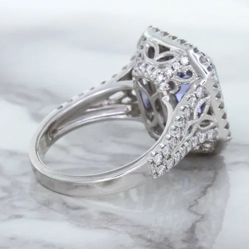 4.33ct Radiant Cut Blue Sapphire Ring with Sapphire and Diamond Halos in 18K White Gold