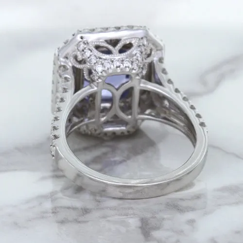 4.33ct Radiant Cut Blue Sapphire Ring with Sapphire and Diamond Halos in 18K White Gold