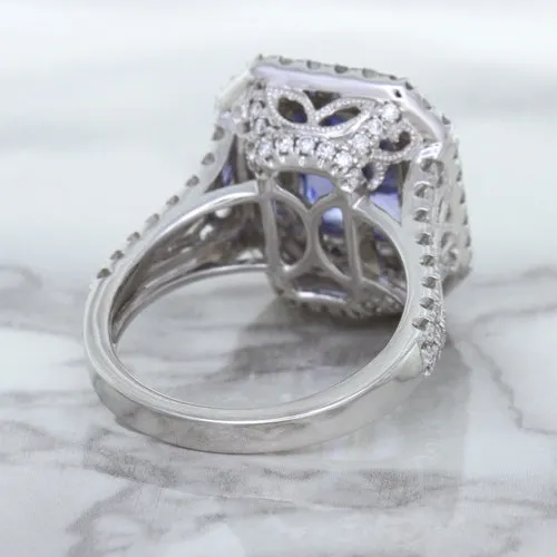 4.33ct Radiant Cut Blue Sapphire Ring with Sapphire and Diamond Halos in 18K White Gold
