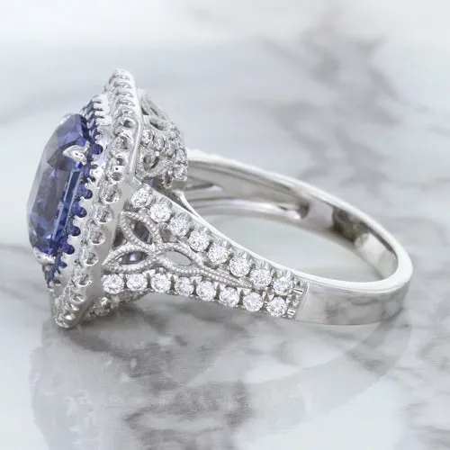 4.33ct Radiant Cut Blue Sapphire Ring with Sapphire and Diamond Halos in 18K White Gold