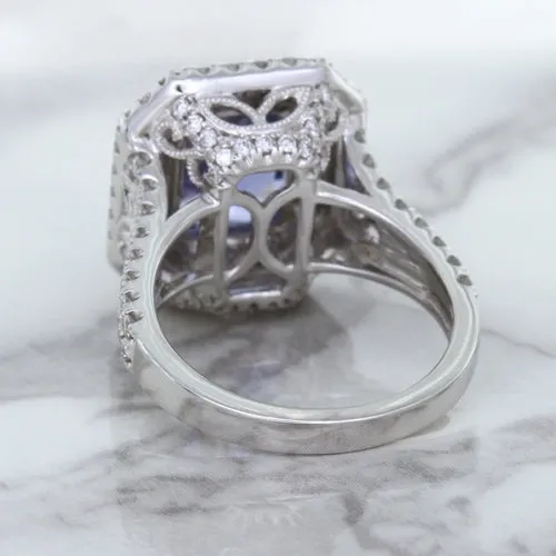 4.33ct Radiant Cut Blue Sapphire Ring with Sapphire and Diamond Halos in 18K White Gold