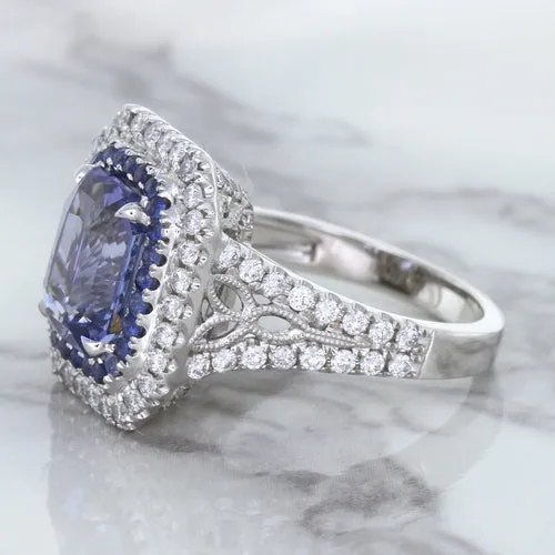 4.33ct Radiant Cut Blue Sapphire Ring with Sapphire and Diamond Halos in 18K White Gold