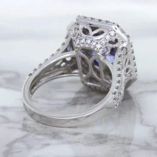 4.33ct Radiant Cut Blue Sapphire Ring with Sapphire and Diamond Halos in 18K White Gold