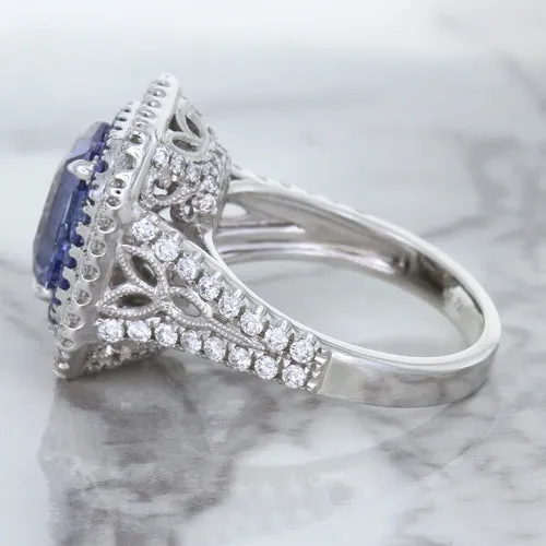 4.33ct Radiant Cut Blue Sapphire Ring with Sapphire and Diamond Halos in 18K White Gold