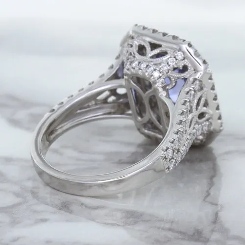 4.33ct Radiant Cut Blue Sapphire Ring with Sapphire and Diamond Halos in 18K White Gold