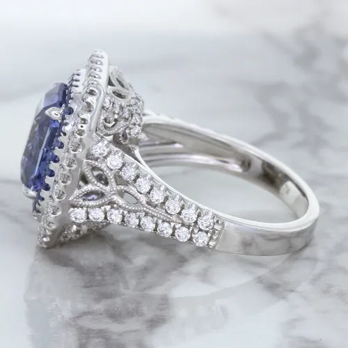 4.33ct Radiant Cut Blue Sapphire Ring with Sapphire and Diamond Halos in 18K White Gold