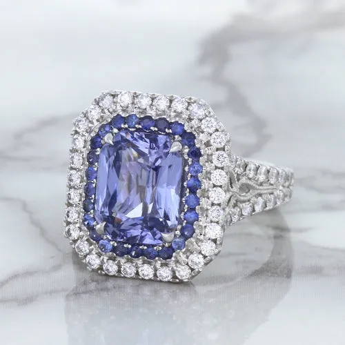 4.33ct Radiant Cut Blue Sapphire Ring with Sapphire and Diamond Halos in 18K White Gold