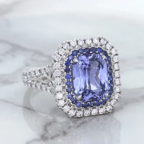 4.33ct Radiant Cut Blue Sapphire Ring with Sapphire and Diamond Halos in 18K White Gold
