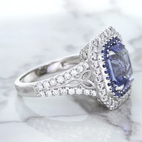 4.33ct Radiant Cut Blue Sapphire Ring with Sapphire and Diamond Halos in 18K White Gold