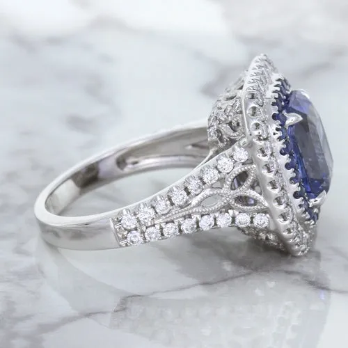 4.33ct Radiant Cut Blue Sapphire Ring with Sapphire and Diamond Halos in 18K White Gold