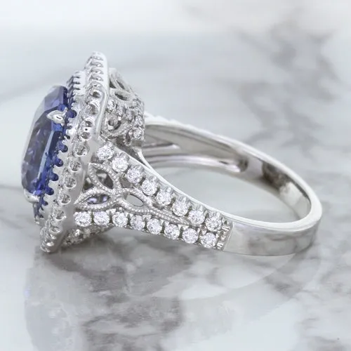 4.33ct Radiant Cut Blue Sapphire Ring with Sapphire and Diamond Halos in 18K White Gold