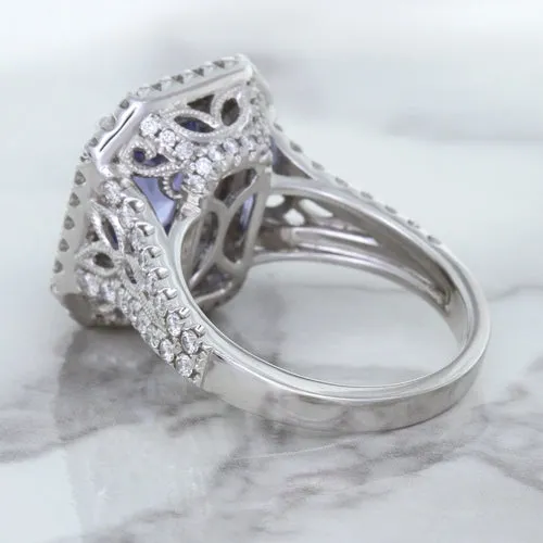 4.33ct Radiant Cut Blue Sapphire Ring with Sapphire and Diamond Halos in 18K White Gold