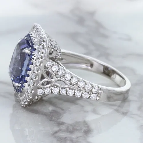 4.33ct Radiant Cut Blue Sapphire Ring with Sapphire and Diamond Halos in 18K White Gold