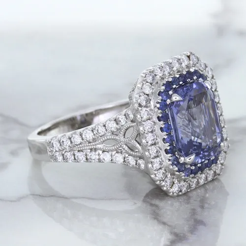 4.33ct Radiant Cut Blue Sapphire Ring with Sapphire and Diamond Halos in 18K White Gold