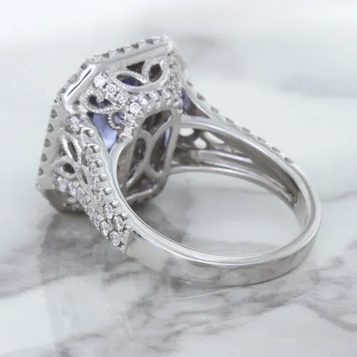 4.33ct Radiant Cut Blue Sapphire Ring with Sapphire and Diamond Halos in 18K White Gold