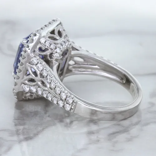 4.33ct Radiant Cut Blue Sapphire Ring with Sapphire and Diamond Halos in 18K White Gold