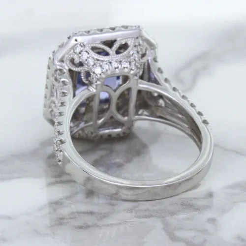 4.33ct Radiant Cut Blue Sapphire Ring with Sapphire and Diamond Halos in 18K White Gold