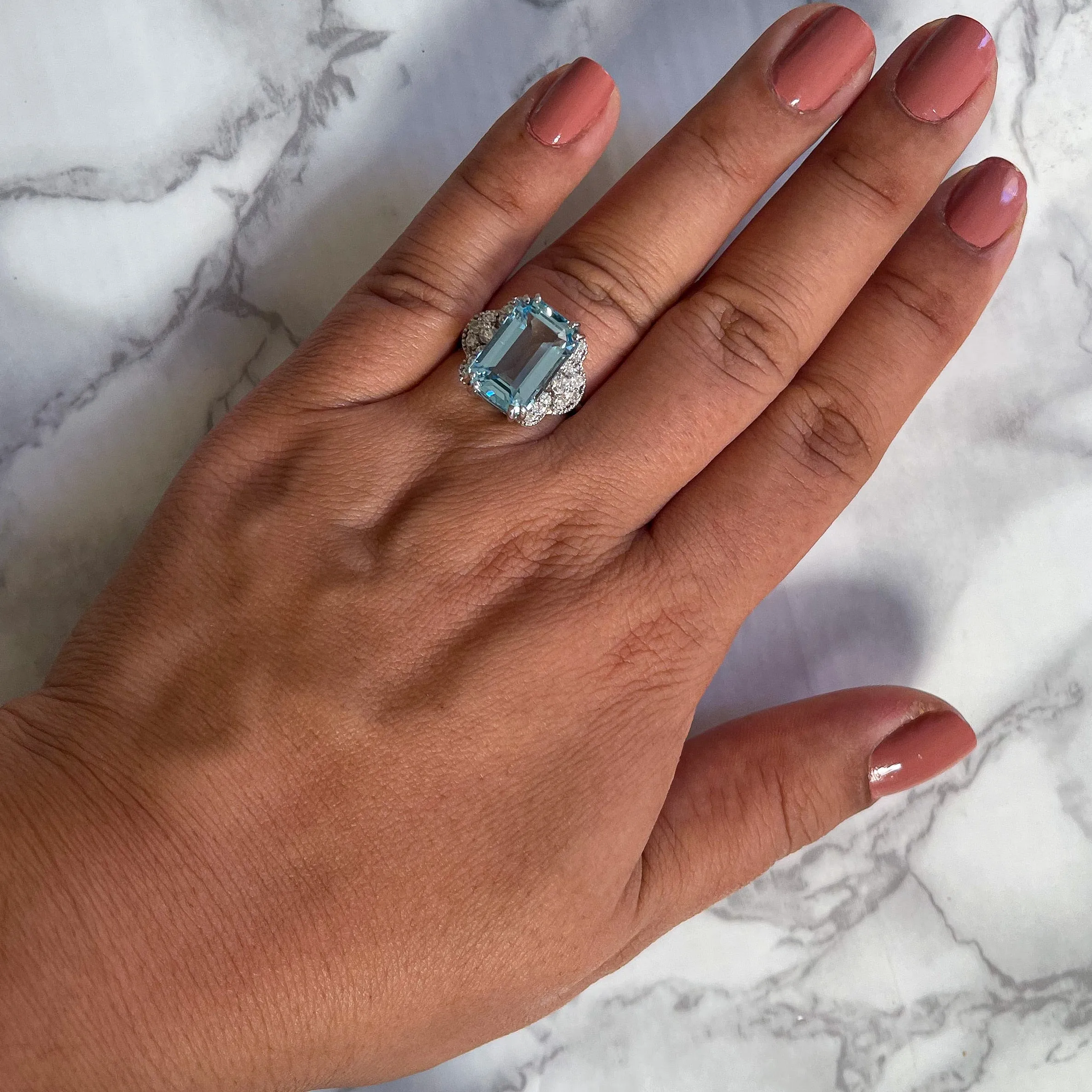 6.47ct Emerald Aquamarine Ring with Diamond Accents in 18K White Gold