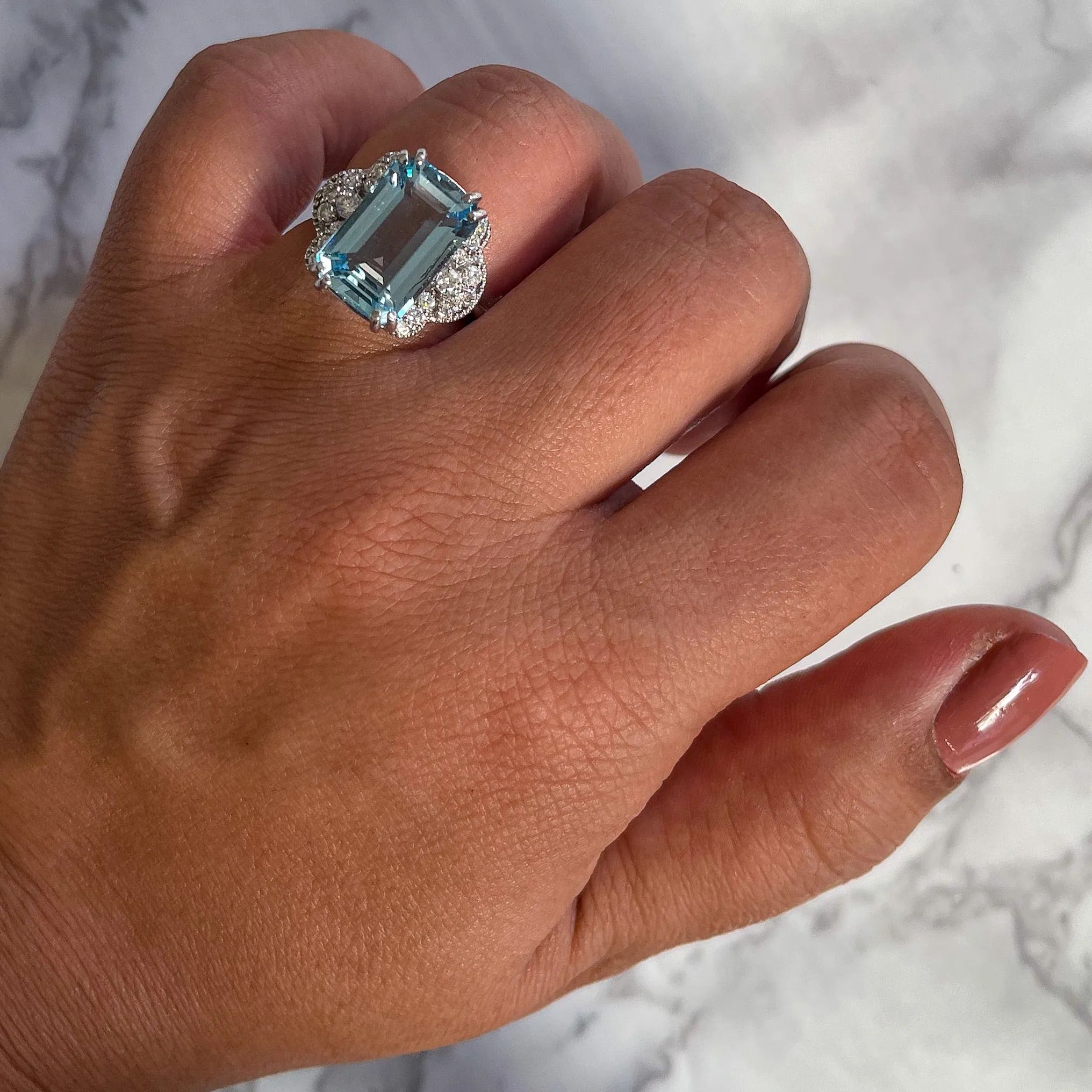 6.47ct Emerald Aquamarine Ring with Diamond Accents in 18K White Gold