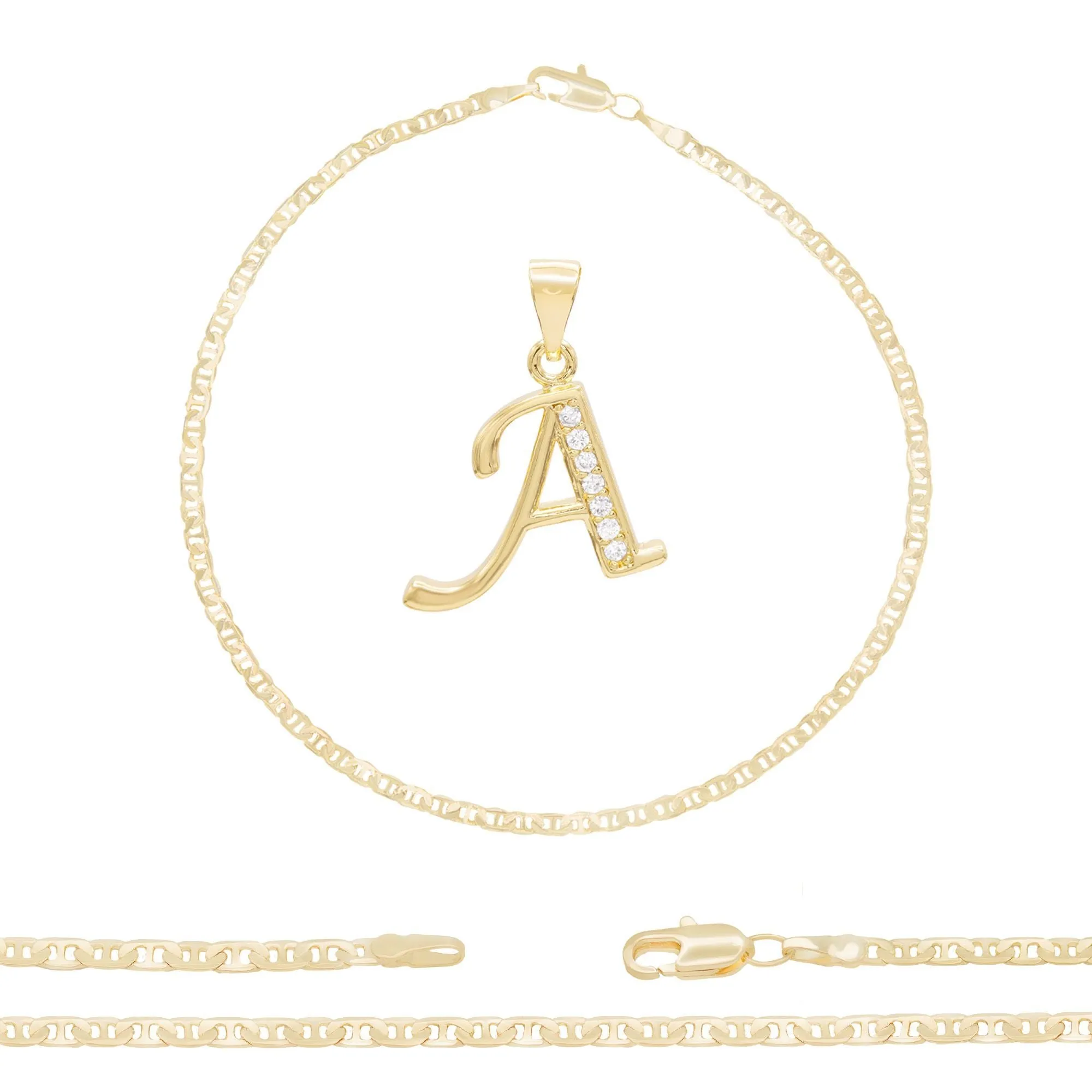 A-Z Initial Letter Pendant 14K Gold Filled Cubic Zirconia Mariner Chain Anklet 10" Set 3 mm  Women Jewelry