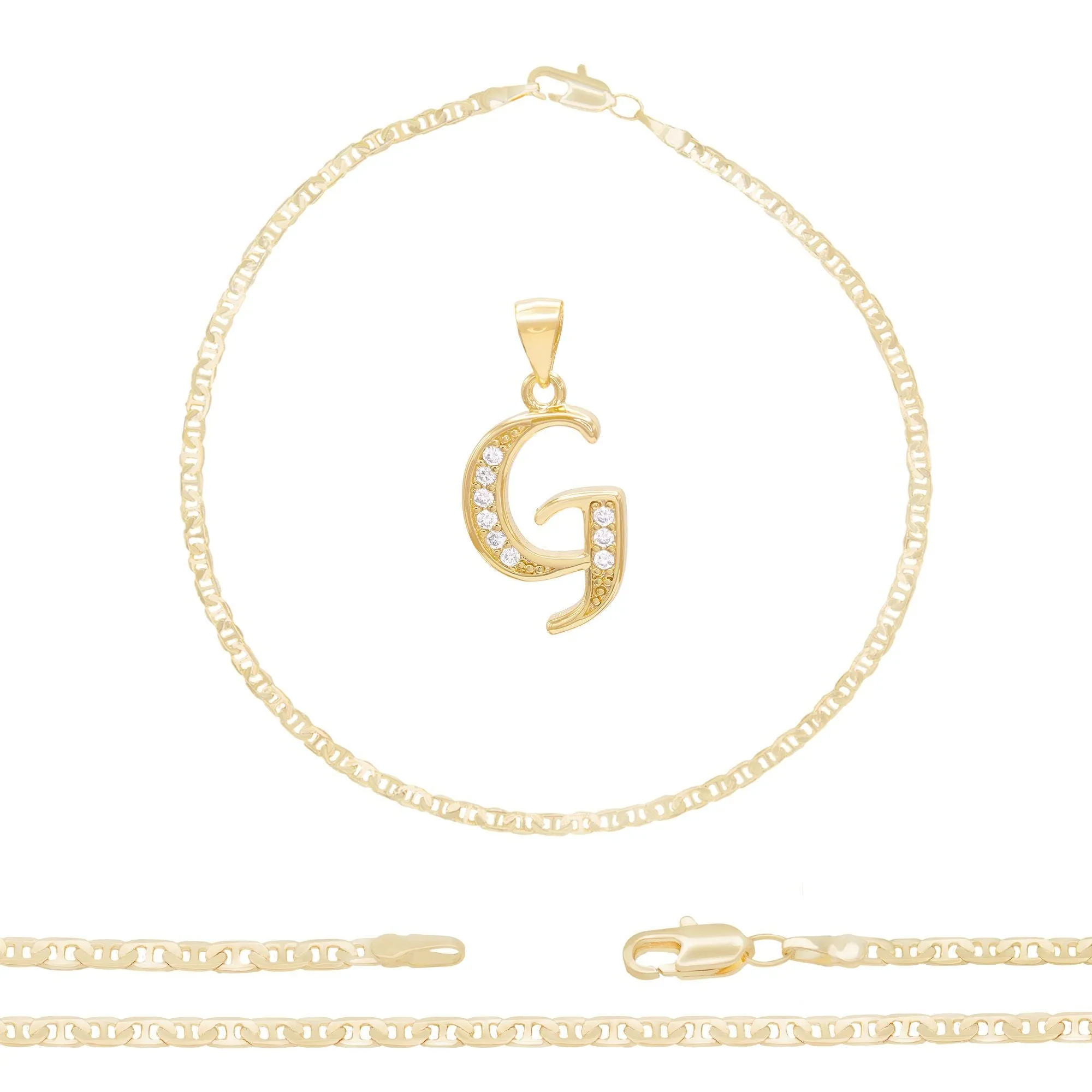 A-Z Initial Letter Pendant 14K Gold Filled Cubic Zirconia Mariner Chain Anklet 10" Set 3 mm  Women Jewelry