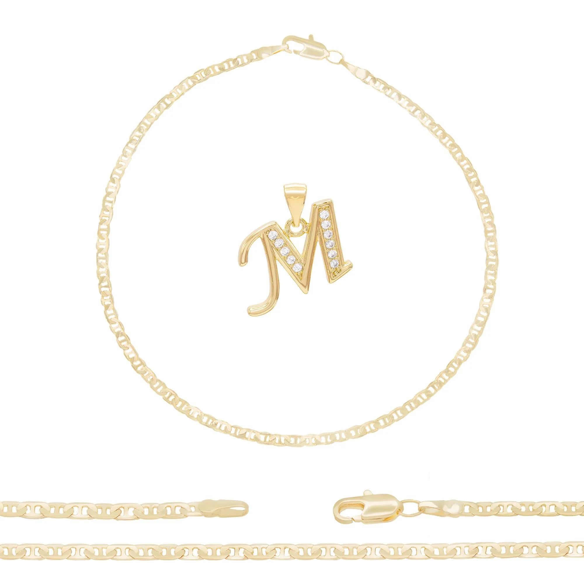 A-Z Initial Letter Pendant 14K Gold Filled Cubic Zirconia Mariner Chain Anklet 10" Set 3 mm  Women Jewelry