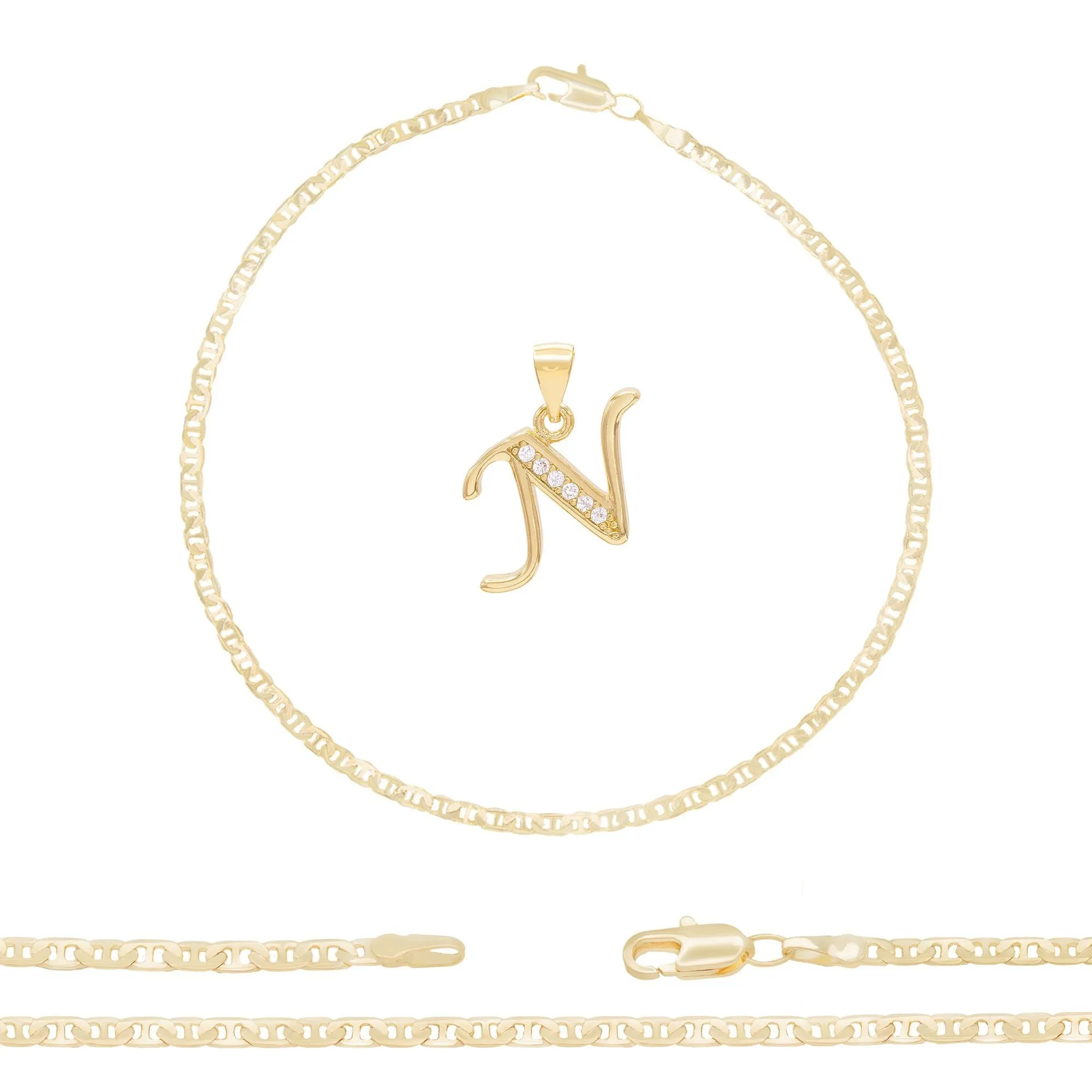 A-Z Initial Letter Pendant 14K Gold Filled Cubic Zirconia Mariner Chain Anklet 10" Set 3 mm  Women Jewelry