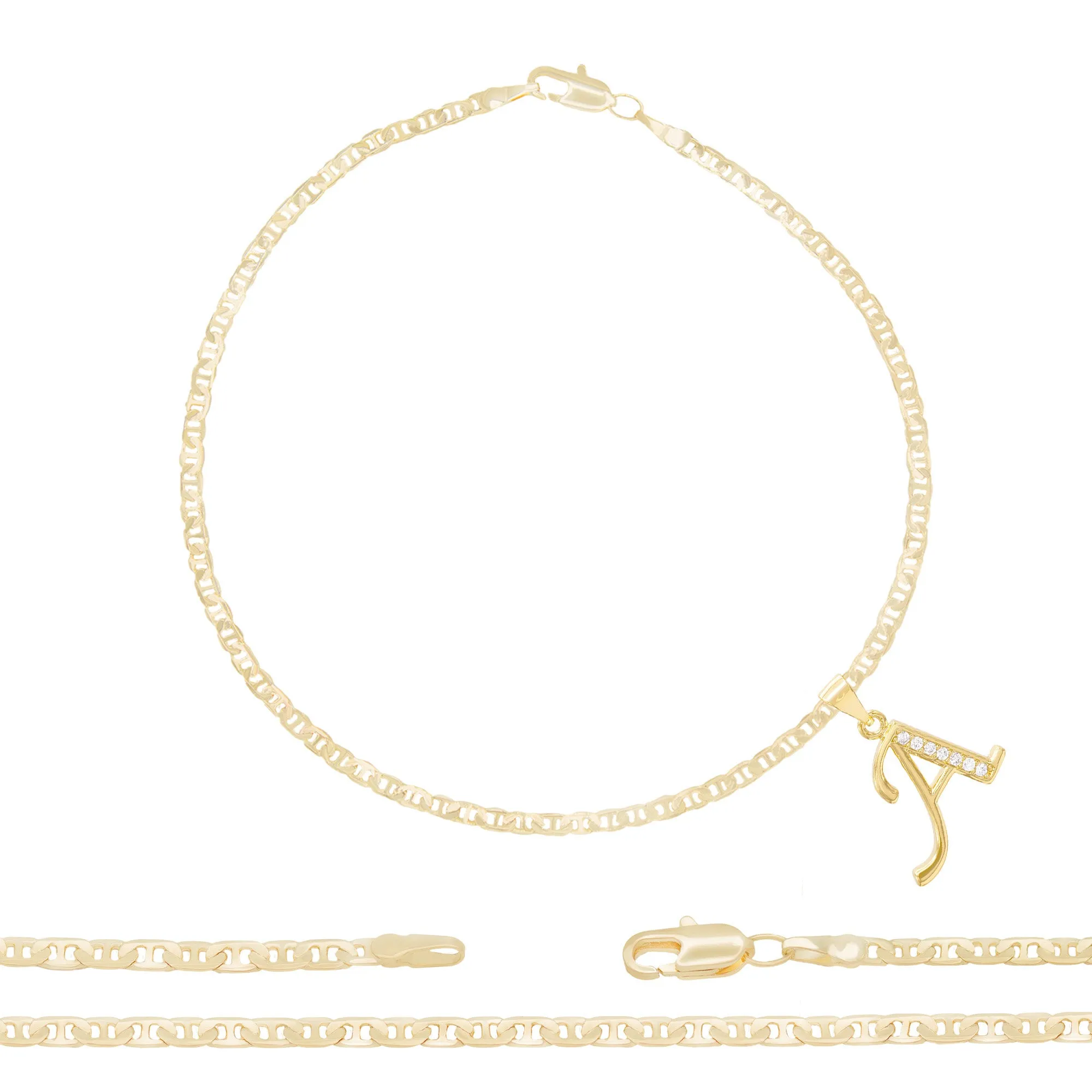 A-Z Initial Letter Pendant 14K Gold Filled Cubic Zirconia Mariner Chain Anklet 10" Set 3 mm  Women Jewelry