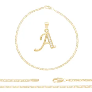 A-Z Initial Letter Pendant 14K Gold Filled Cubic Zirconia Mariner Chain Anklet 10" Set 3 mm  Women Jewelry