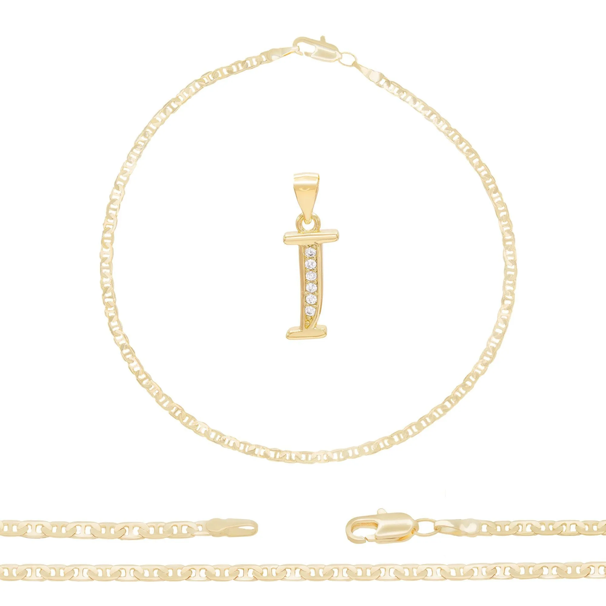 A-Z Initial Letter Pendant 14K Gold Filled Cubic Zirconia Mariner Chain Anklet 10" Set 3 mm  Women Jewelry