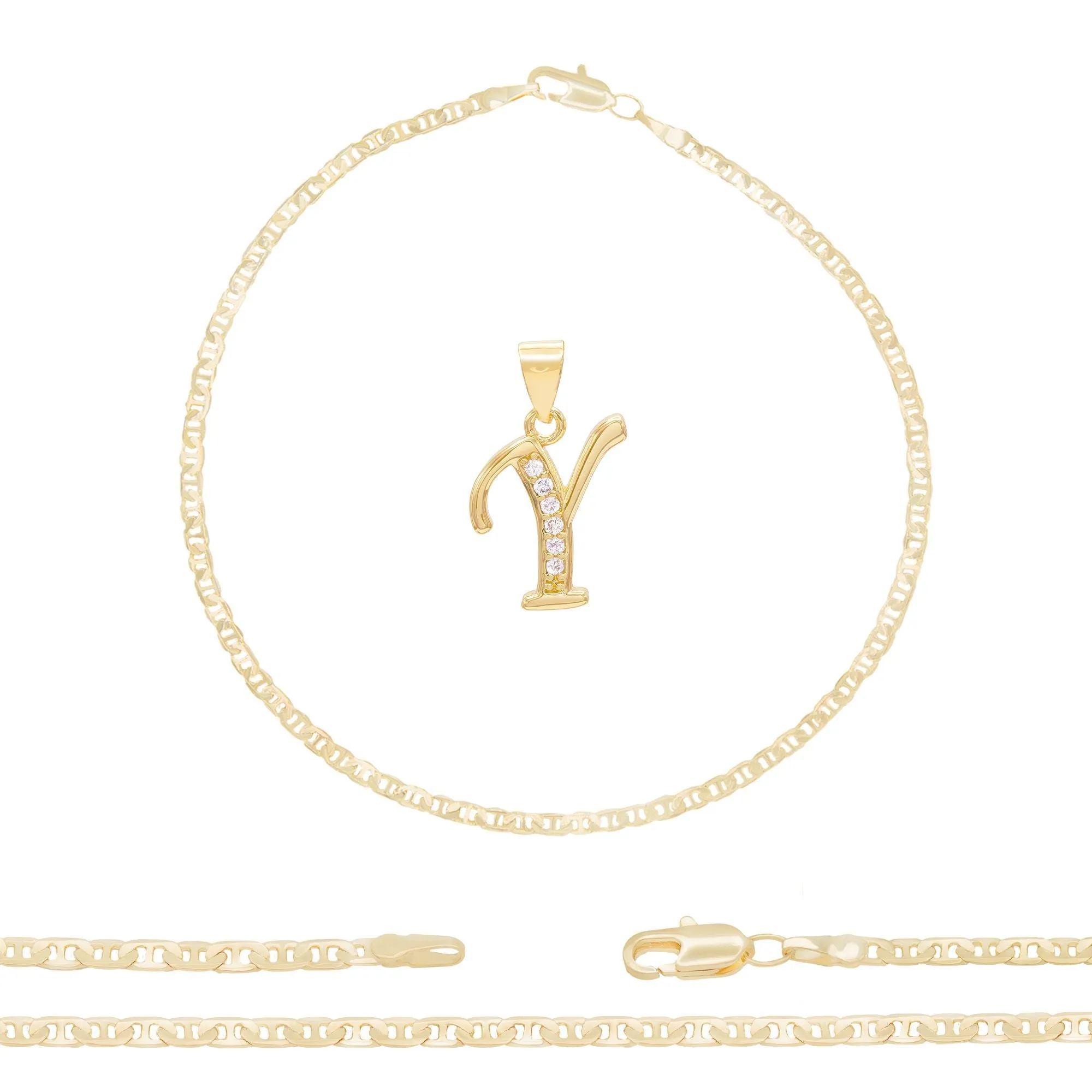A-Z Initial Letter Pendant 14K Gold Filled Cubic Zirconia Mariner Chain Anklet 10" Set 3 mm  Women Jewelry