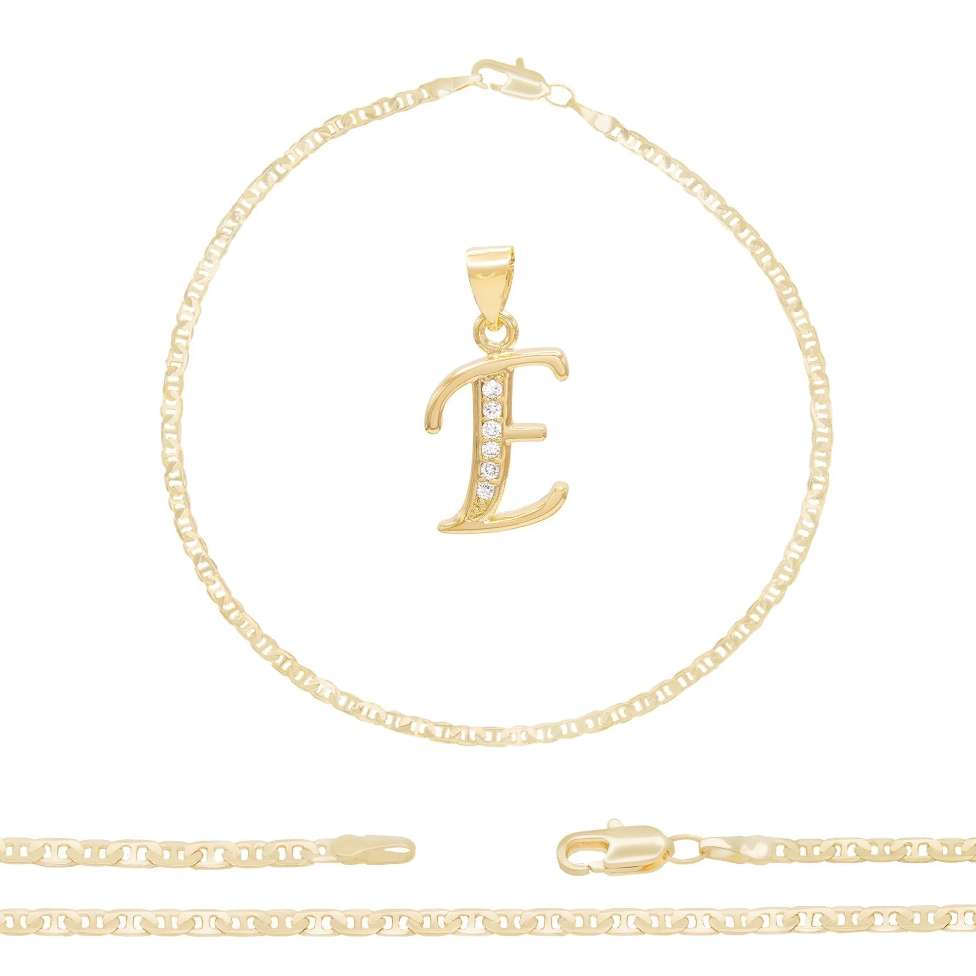 A-Z Initial Letter Pendant 14K Gold Filled Cubic Zirconia Mariner Chain Anklet 10" Set 3 mm  Women Jewelry